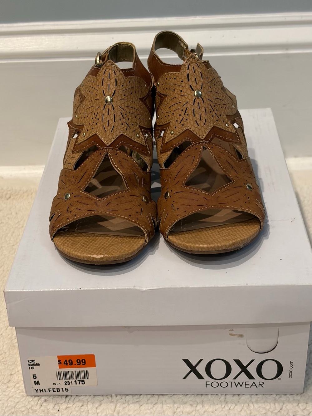 XOXO Women’s Tan Floral Cutout Wedge Sandals